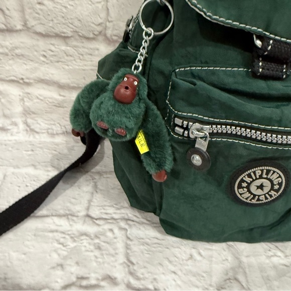 VINTAGE KIPLING MINI NYLON BACKPACK rare forest green with monkey attached - Picture 2 of 8